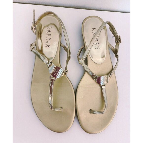 Lauren Ralph Lauren Women's Gold Metallic RL Sandals 8.5M - Picture 1 of 8